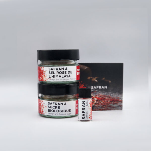 Ensemble de safran, de sel safrané et de sucre safrané biologique