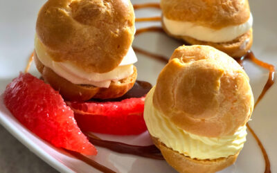 Choux au safran, chocolat blanc et pamplemousse